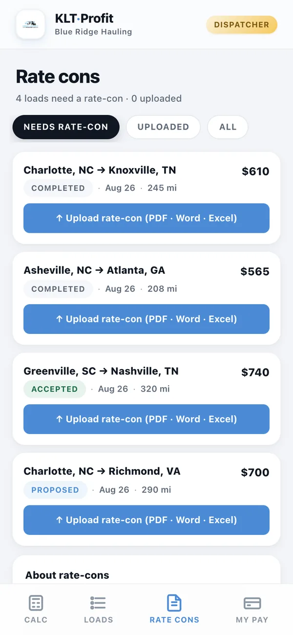 The rate cons screen listing four loads, each with an upload button for a PDF, Word or Excel rate con.