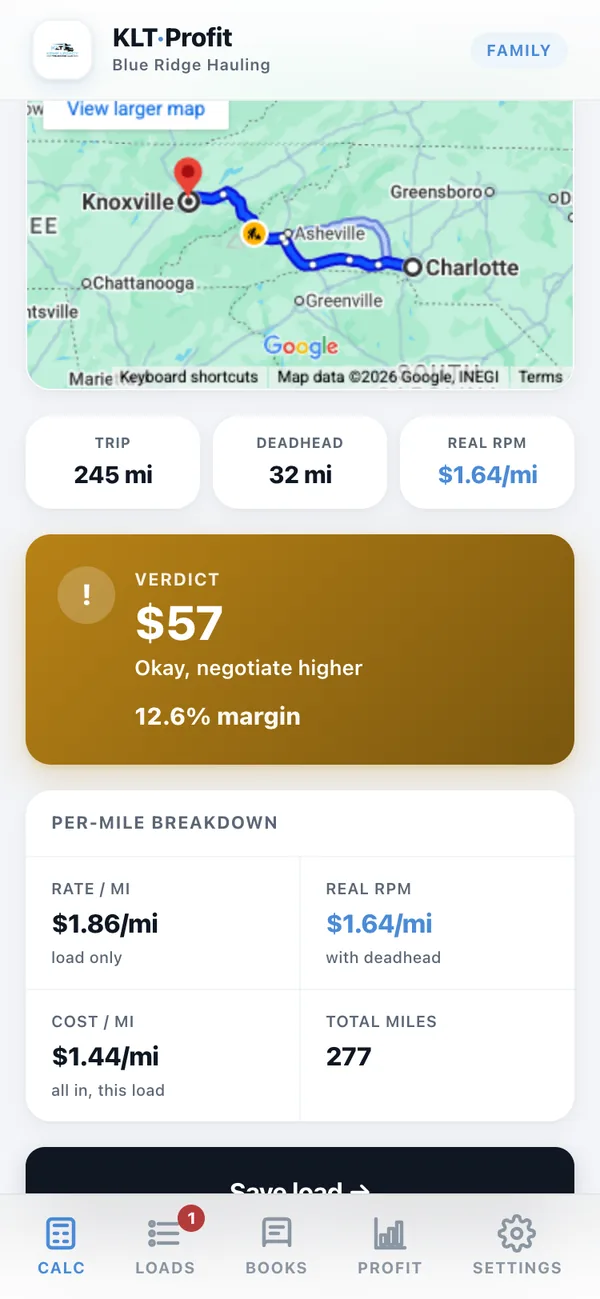 The app showing an amber verdict: $57 profit, Okay negotiate higher, $1.64 a mile real.