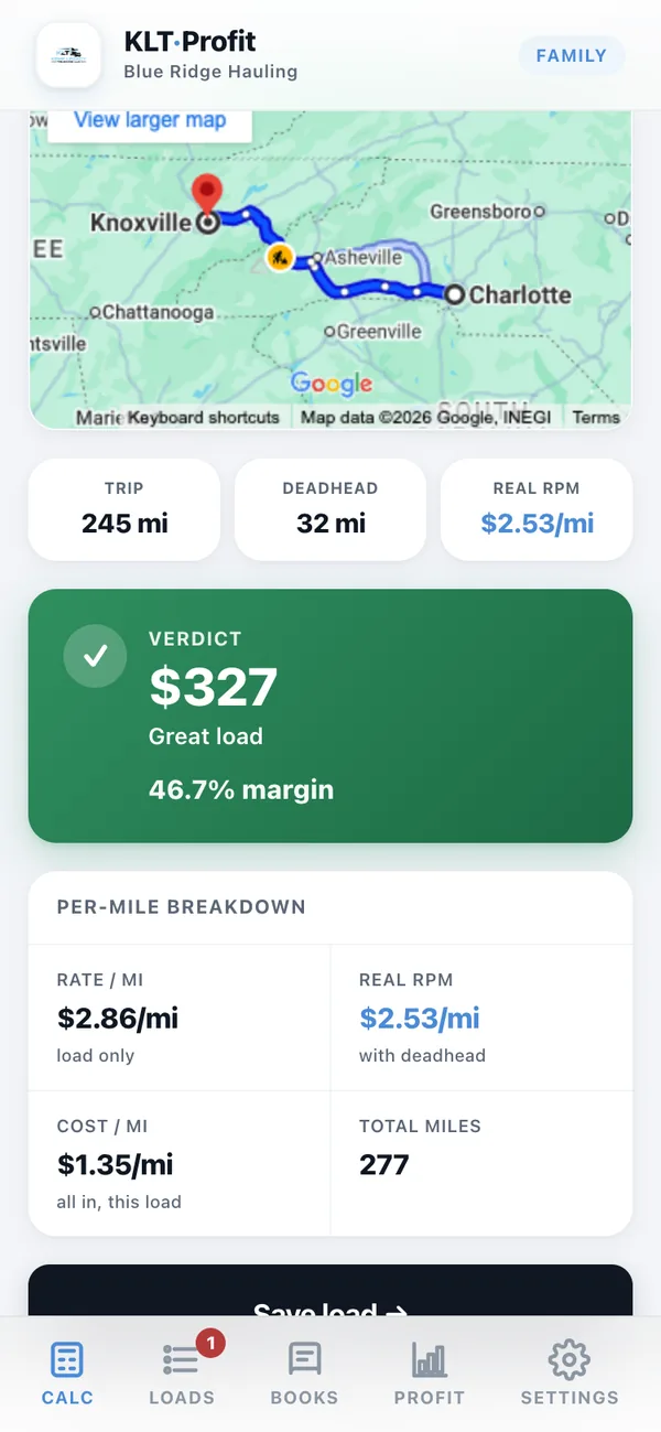 The app showing a green verdict: $327 profit, Great load, $2.53 a mile real against $1.60 a mile cost.